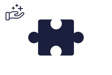 Dunkelblaues Puzzleteil mit Icon Hand mit Benefits